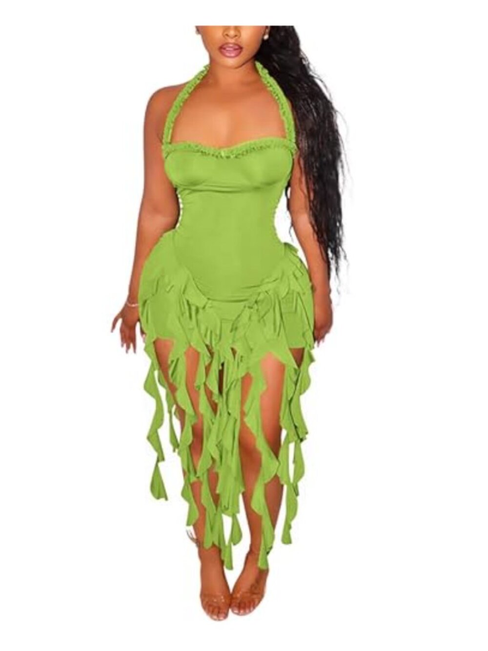 Sexy Halter Neck Sleeveless Bodycon Mini Dress with Tassel Ruffle Party Club